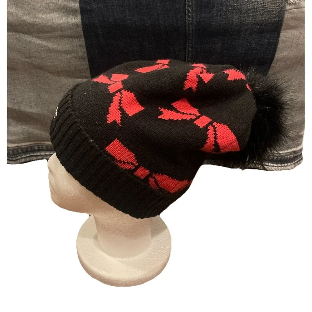 Betsey‎ Johnson Beanie Gorpcore Whimsigoth Pink Black Bows Knit Hat Pom Pom